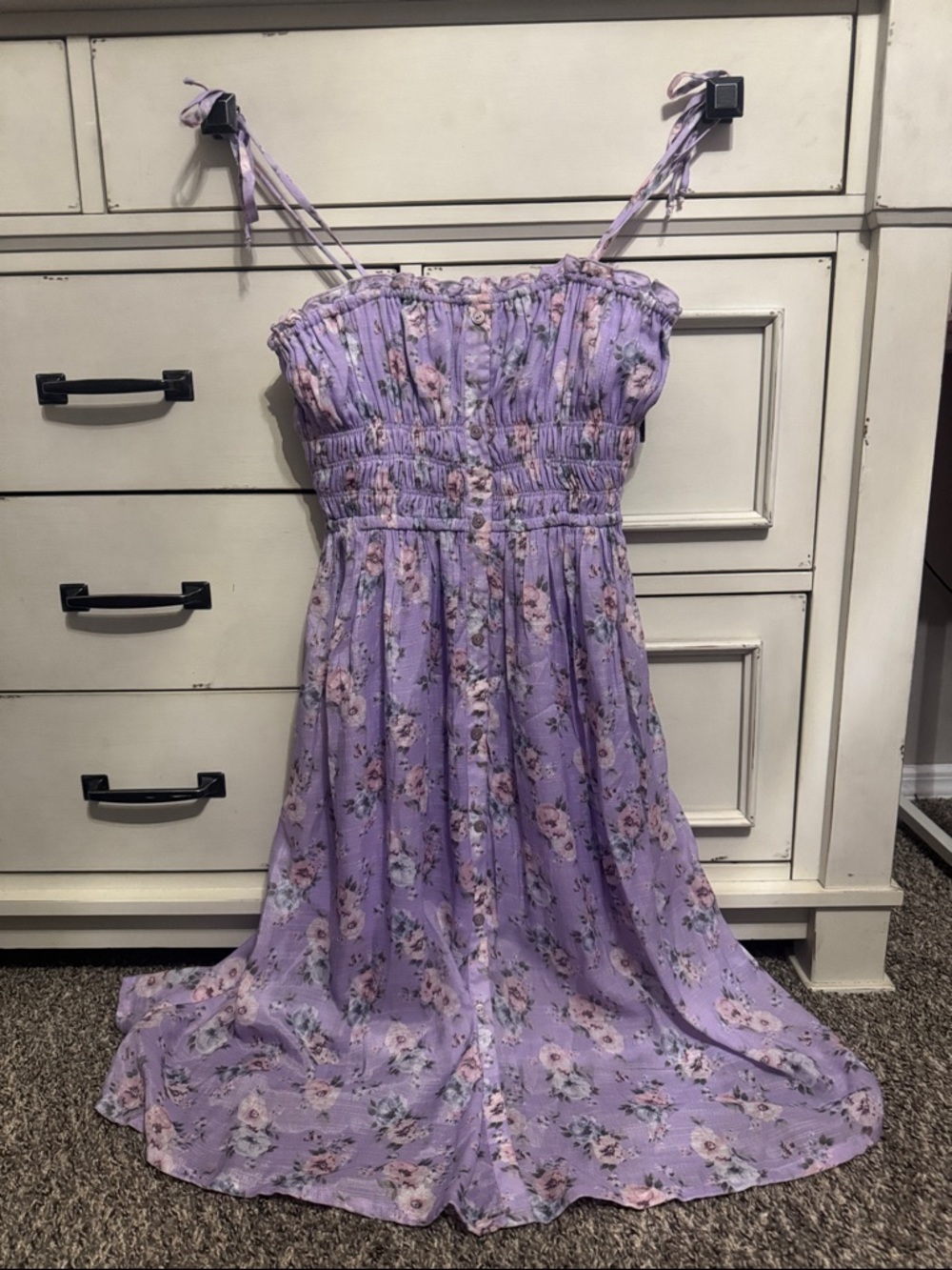 Women’s Lavender Floral Midi Dress with Smocked Bodice